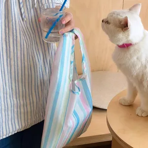 Mini folding shopping bag portable waterproof reusable grocery bag casual striped handbag.