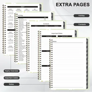2027 A5 spiral planner notebook detail page showing monthly overview and notes layout.