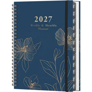 2027 weekly and monthly planner notebook with gold floral cover design and tabs for daily use