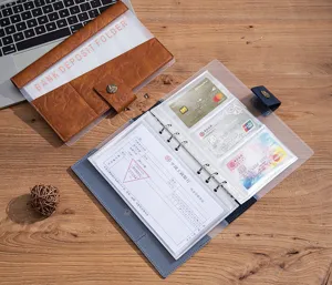 Detail shot of luxury leather deposit slip organizer book with multiple card slots and clear pockets.