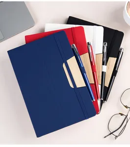 A5 business notebook multi-functional journal with wooden phone stand holder and matching pen.