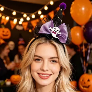 Close-up detail of Halloween witch hat headband with cute ghost and purple bow for party.