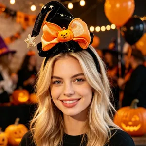 Halloween witch hat headband with cute orange bow and pumpkin decor, perfect party accessory.