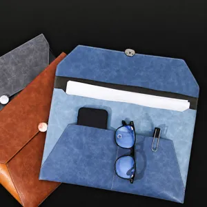 A4 PU leather document bag, waterproof business file folder with envelope flap, large capacity.