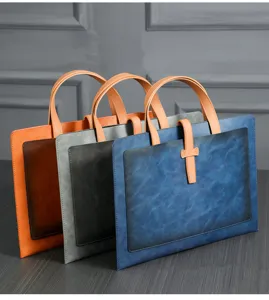 Leather business briefcase document bag portable waterproof commute bag with buckle detail