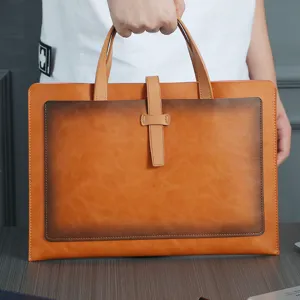 Brown leather briefcase vintage business document bag portable waterproof commuting handbag