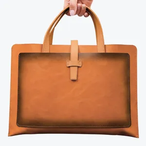 Large capacity leather briefcase business document bag portable commuting handbag with buckle.