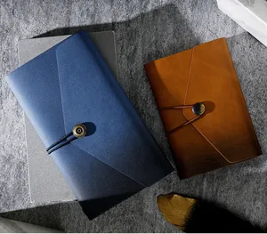 Detail view of a leather travel notebook, minimalist business planner with elastic band.