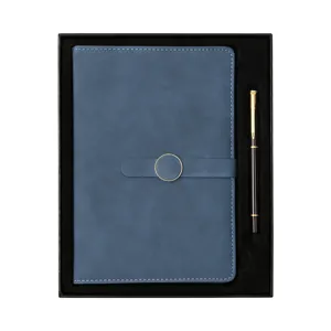Blue PU leather A4 hardcover notebook gift set with matching pen in black presentation box.