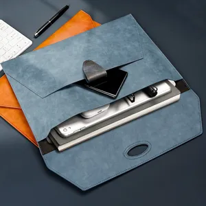 Blue A4 leather document bag business file folder waterproof storage organizer for office use