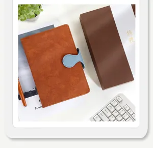 Brown leather notebook gift set with blue magnetic buckle for office and daily journaling.
