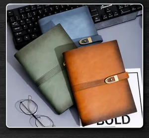 Vintage A5 leather notebook detail with soft cowhide loose leaf journal and metal buckle.