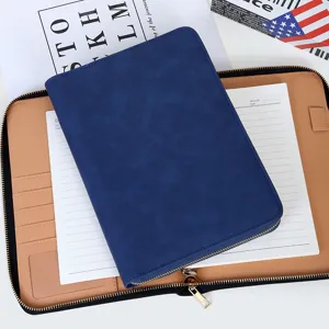 Stijlvolle blauwe PU lederen zakelijke rits notebook map met handige kaartsleuven.