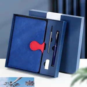 Blue leather notebook gift box set with metal pen and refill for office business meeting record