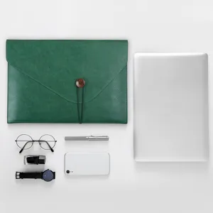 Green PU leather A4 document bag with button string closure waterproof file storage folder for office use