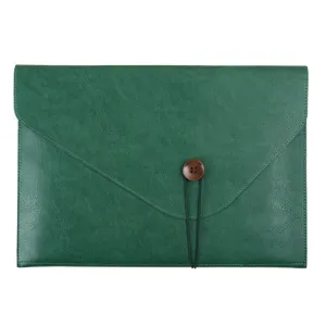 Green PU Leather A4 Document Bag Waterproof Envelope File Folder with Button Closure Portable