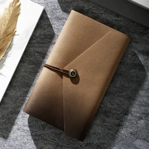 Vintage brown leather journal diary planner with elastic band and button design.