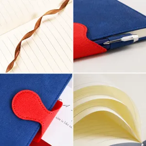 A minimalist blue leather notebook with a red magnetic clasp, bookmark ribbon, and 80g paper.