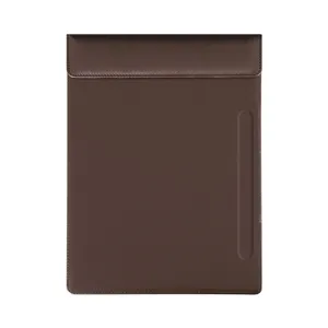 Premium brown leather document folder with magnetic closure and pen holder for business contracts.