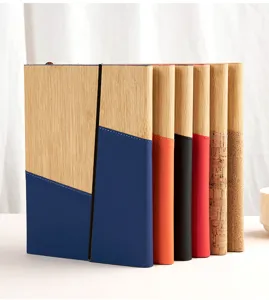 A5 wooden notebook with leather and cork patchwork, professional business journal for office use.