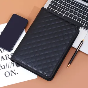 A5 multifunctional black PU leather zipper notebook portfolio organizer for business meetings.