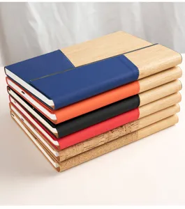 A5 wooden grain and leather spliced notebook detail, professional business journal and notepad.