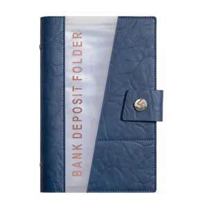 Blue PU leather bank deposit folder document organizer receipt holder with transparent window