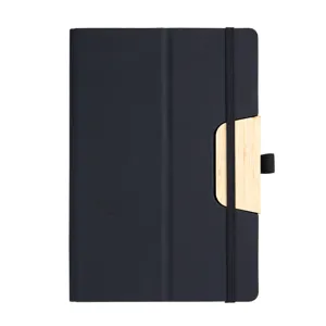 A5 business notebook with wooden phone stand and elastic band, professional black cover design.