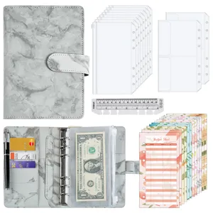 A6 Marmor PU Leder 6-Ring Binder Budgetplaner mit Bargeld Umschlägen und Budgetblättern.