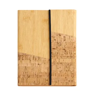 A5 wooden and cork hardcover notebook with vertical elastic band for business and office use.