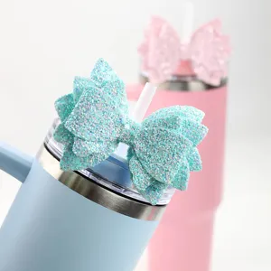 Glitter leather bow cup accessory, sparkle straw decoration for DIY insulated tumbler mugs.