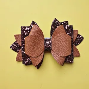 Brown faux leather glitter bow DIY accessory for hair bands or cups. Perfect fashion item.