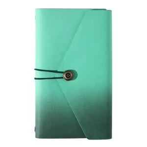 Gradient green PU leather traveler notebook with elastic band and vintage button closure.