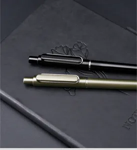 Primo piano dettagliato di penne gel in metallo nero e verde oliva con clip classica.