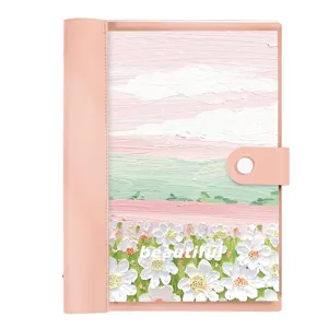 Quaderno ad anelli retrò con pittura a olio, copertina in pelle rosa e design floreale artistico.
