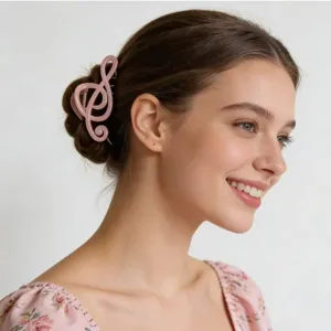 Vue détaillée de la pince à cheveux rose style note de musique, idéale pour chignons et queues de cheval.