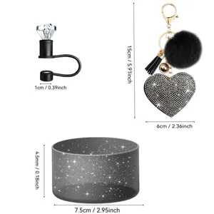 Glitzernde Silikon Tasse Stiefel Strass Herz Schlüsselanhänger Diamant Strohhalm Hülle Set