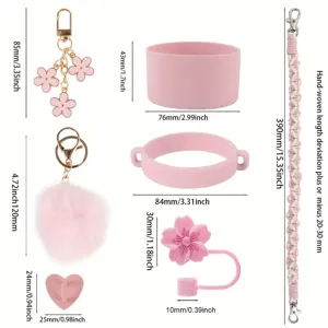 Ensemble de 7 accessoires roses pour tasse Stanley avec dimensions, breloques et sangles.