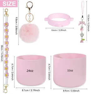 Ensemble d'accessoires en silicone rose et lanière pour gourde Owala 24/32oz avec pendentifs.