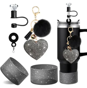Glitzer Silikon Becherhülle Set Mit Strass Herz Quaste Schlüsselanhänger Strohhalm Abdeckung Für Becher Zubehör