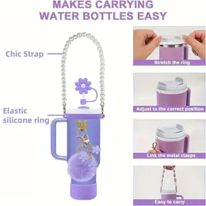 Ensemble d'accessoires de bouteille Stanley avec sangle en perles et bouchon de paille.