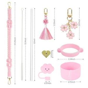Stanley Becher Zubehör Set mit rosa Blumen Anhänger, Strohhalmabdeckung und Griffriemen neu.