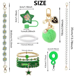 Bohemian cup chain set pearl pompom charm star straw cover dimension detail chart