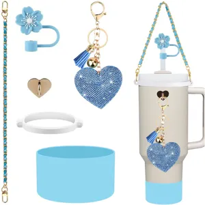 Blue rhinestone heart keychain daisy straw cover and accessories for Stanley tumbler cup.