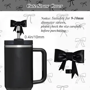 Gobelet noir avec joli couvre-paille nœud noir, adapté aux pailles de 9-10mm de diamètre.