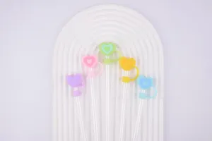 Colorful silicone heart straw covers detail close-up showing pastel shades and clean finish.