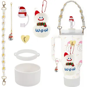 Juego de accesorios para vaso con correa trenzada, funda de pajita y bonito muñeco de nieve.