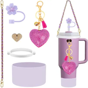 Tumbler accessories set: rhinestone heart keychain, daisy straw topper and silicone boot.