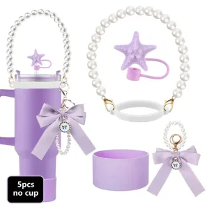 Kit de 5 accessoires violet pour gobelet Stanley avec chaîne de perles, paille étoile mer.