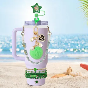 Bohemian tumbler strap set with pearl charm, pompom, star straw topper and cute stacked bracelets
